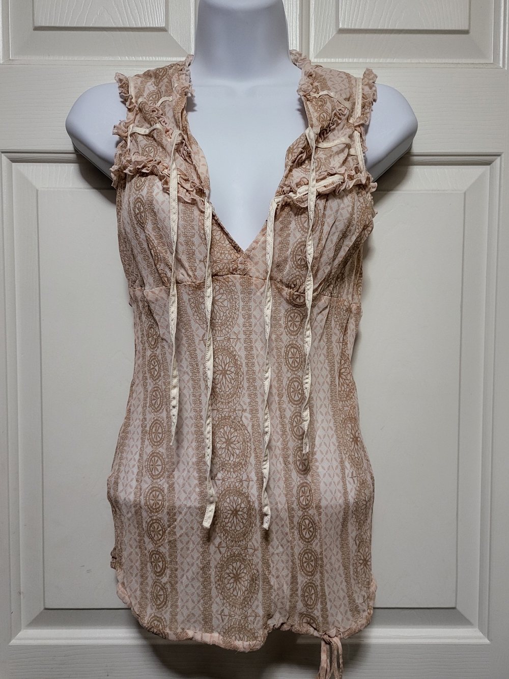 Arden B Beige Patterned Ruffle Tie-Front Sheer Fabric